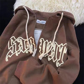 Vintage Zip Up Letter Print Hoodies